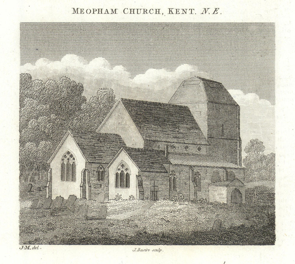 North east view of St John The Baptist Church, Meopham, Kent 1809 old print